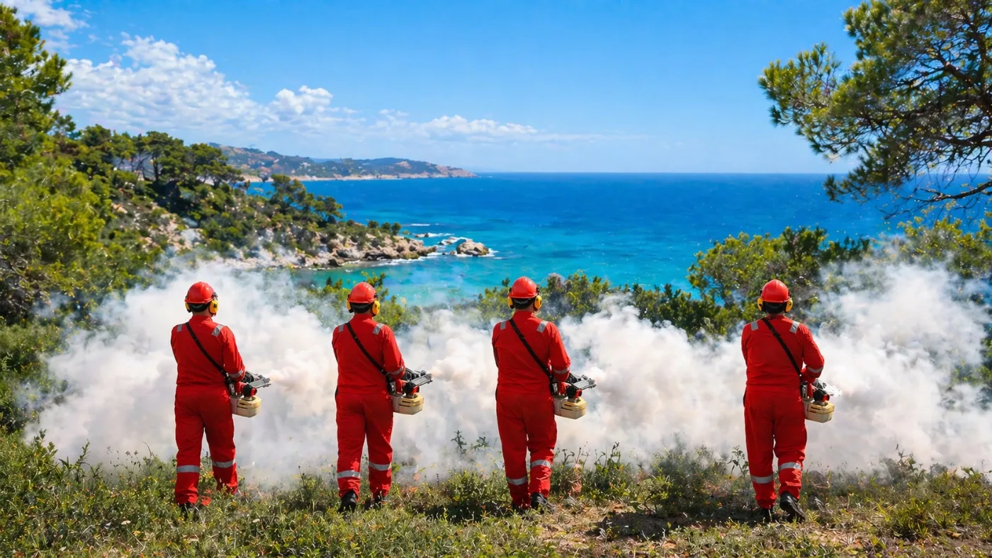 Pest-control workers in red coveralls releasing thick clouds of insecticide fog from backpack sprayers along a Mediterranean cliffside.